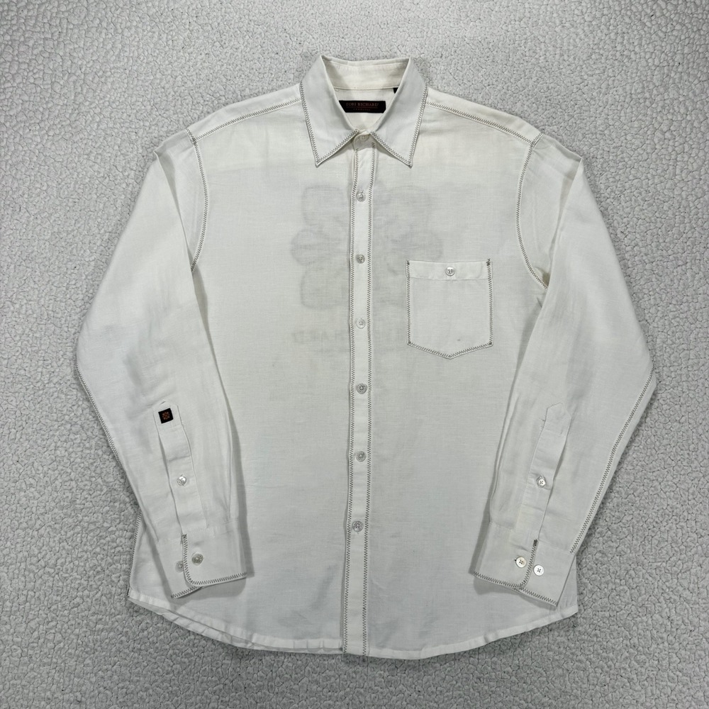 Tori Richard Linen Blend Shirt Men's M Embroidered Hawaiian Luxury Resort Casual